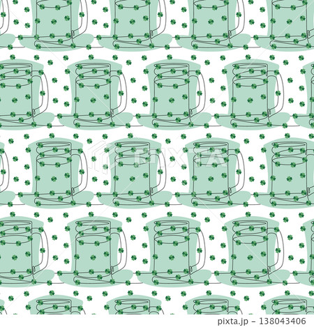 Continuous line drawn mug with quatrefoil Clover leaves on leprechaun hat Backdrop Seamless Pattern. Vector illustration St Patricks Day Greeting Thematic Card background Media post, banner, wrapping 138043406