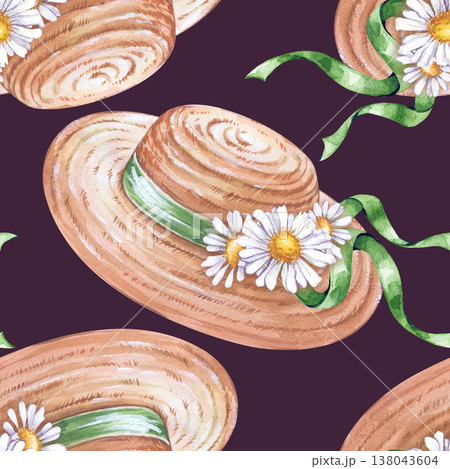 Seamless pattern with straw hats with green ribbons and daisies. Watercolor illustration on a dark background. Beautiful background with a woman's headdress and white wildflowers for packaging, Seamless pattern with straw hats with green ribbons and daisies. Watercolor illustration on a dark background. Beautiful background with a woman's headdress and white wildflowers for packaging, 138043604