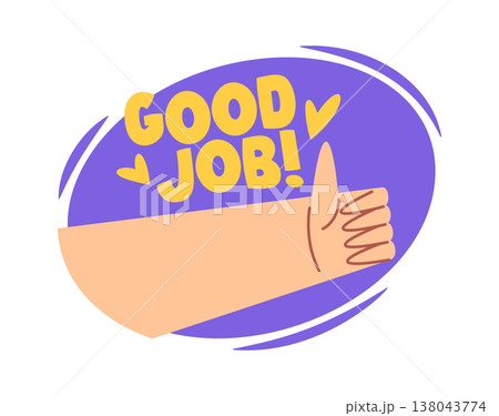 Thumbs up hand with Good Job lettering Thumbs up hand with Good Job lettering 138043774