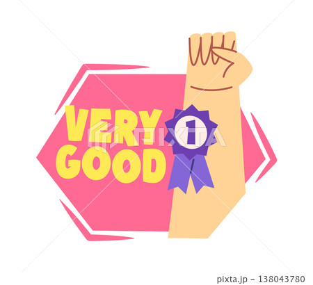 Raised arm with clenched fist shows award ribbon 138043780
