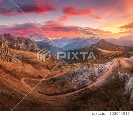 Beautiful mountains and pink sky at sunset in autumn 138044012