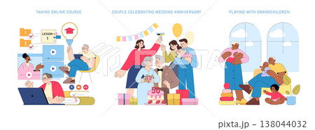 Elderly individuals engage in online learning from home, participating in digital classrooms via laptops. The vector illustration shows active learning and digital interaction among seniors. 138044032