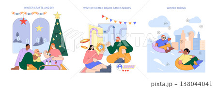 Engaging winter vector illustration set depicting family crafting, friends enjoying board games, and exciting tubing. Perfect for illustrating seasonal activities and joyful moments. 138044041