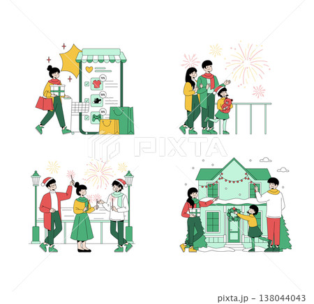 Holiday-themed vector illustrations showcasing activities like shopping, celebrating with sparklers, watching fireworks, and decorating a house together as a family. Each scene captures festive Holiday-themed vector illustrations showcasing activities like shopping, celebrating with sparklers, watching fireworks, and decorating a house together as a family. Each scene captures festive 138044043
