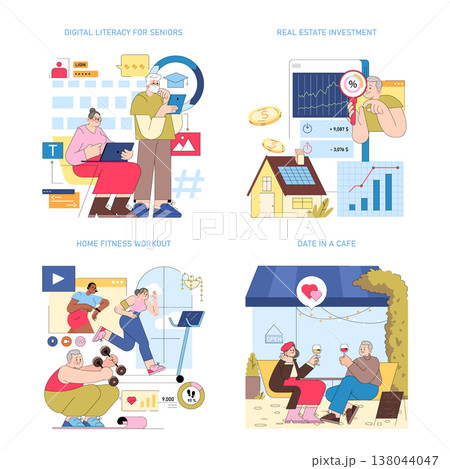 Set of vector illustrations depicting various lifestyle themes. Features digital literacy for seniors using devices, real estate investment analysis, home fitness workout, and a friendly cafe date Set of vector illustrations depicting various lifestyle themes. Features digital literacy for seniors using devices, real estate investment analysis, home fitness workout, and a friendly cafe date 138044047