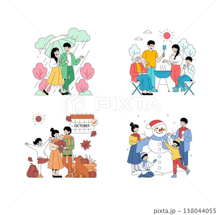 Illustration depicting family activities across different seasons. Includes walking in the rain, barbecuing, autumn fun, and building a snowman. Highlights joyful family moments and seasonal enjoyment Illustration depicting family activities across different seasons. Includes walking in the rain, barbecuing, autumn fun, and building a snowman. Highlights joyful family moments and seasonal enjoyment 138044055