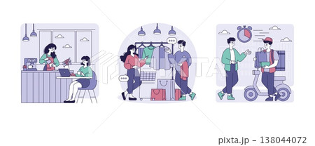 Vector illustration showing diverse daily activities. A barista serves coffee at a cafe. A customer shops for clothes guided by a store assistant. A rider makes a delivery exchange. Vector illustration showing diverse daily activities. A barista serves coffee at a cafe. A customer shops for clothes guided by a store assistant. A rider makes a delivery exchange. 138044072