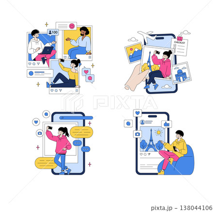 Vector illustration featuring people interacting with social media platforms on smartphones. Displays actions like posting selfies, checking notifications, and travel planning. 138044106
