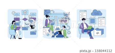 Vector illustration showing a team working with AI-driven tools. They engage in coding, planning, and data analysis, emphasizing technology integration and collaborative workflow. Vector illustration showing a team working with AI-driven tools. They engage in coding, planning, and data analysis, emphasizing technology integration and collaborative workflow. 138044112