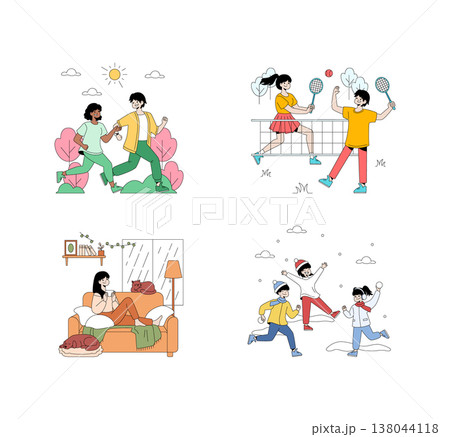 Colorful vector illustration featuring people engaged in different activities. Running, playing badminton, relaxing, and having a snowball fight showcase diverse lifestyles and emotions. 138044118