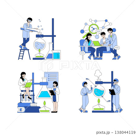 Vector illustration shows a scientific research team conducting experiments in a lab. Researchers collaborate using technology and equipment, highlighting teamwork and innovation. Vector illustration shows a scientific research team conducting experiments in a lab. Researchers collaborate using technology and equipment, highlighting teamwork and innovation. 138044119