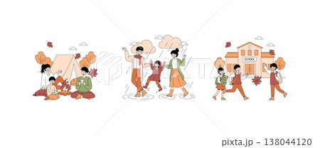 Vector illustration of a family enjoying autumn activities. Scenes include camping in a forest, dancing in the rain, and children walking to school. Leaves and cheerful expressions capture the season Vector illustration of a family enjoying autumn activities. Scenes include camping in a forest, dancing in the rain, and children walking to school. Leaves and cheerful expressions capture the season 138044120