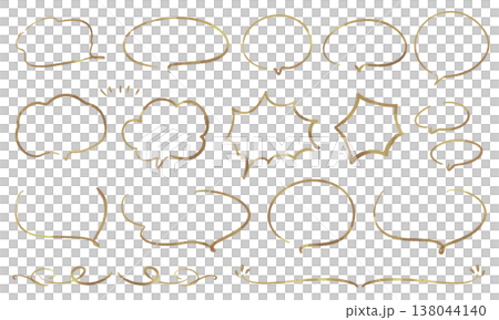 A set of hand-drawn watercolor-style speech bubbles, natural brown line art, and materials for magazines and cafe menus (with decorative borders). 138044140