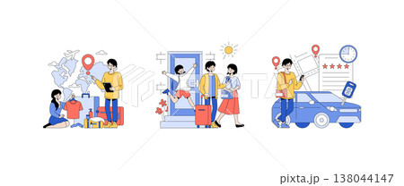 Vector illustration depicting a family excitedly planning a travel adventure. They prepare luggage and explore routes, highlighting the joy and anticipation of exploring new destinations. Vector illustration depicting a family excitedly planning a travel adventure. They prepare luggage and explore routes, highlighting the joy and anticipation of exploring new destinations. 138044147