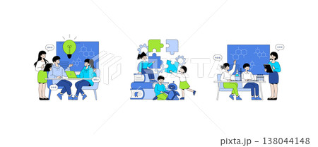Vector illustration of a team engaged in brainstorming, problem-solving, and scientific experiments. Group collaboration with educational tools and teamwork highlighted. Vector illustration of a team engaged in brainstorming, problem-solving, and scientific experiments. Group collaboration with educational tools and teamwork highlighted. 138044148
