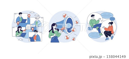 Colorful vector illustration showing people collaborating online, using digital tools and communication platforms. Includes diverse scenes of teamwork, digital marketing, and discussion. Colorful vector illustration showing people collaborating online, using digital tools and communication platforms. Includes diverse scenes of teamwork, digital marketing, and discussion. 138044149