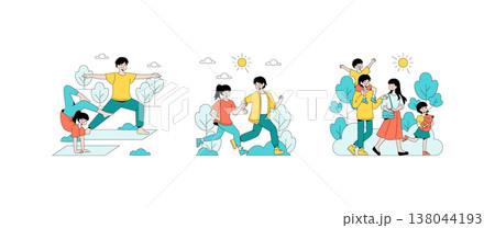 Vector illustration depicting family enjoying outdoor activities. Scenes show a couple practicing yoga, running together, and a family walking with cheerful expressions under the sun. Vector illustration depicting family enjoying outdoor activities. Scenes show a couple practicing yoga, running together, and a family walking with cheerful expressions under the sun. 138044193