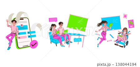 Vector illustration showcasing interactive education scenes. Includes a character engaging with a smartphone quiz, students using tablets for learning, and inclusive education with an assistive device Vector illustration showcasing interactive education scenes. Includes a character engaging with a smartphone quiz, students using tablets for learning, and inclusive education with an assistive device 138044194