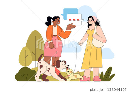 Two women enjoy a friendly conversation in a park while their dogs interact playfully. The illustration captures a cheerful scene with nature and communication elements. Two women enjoy a friendly conversation in a park while their dogs interact playfully. The illustration captures a cheerful scene with nature and communication elements. 138044195