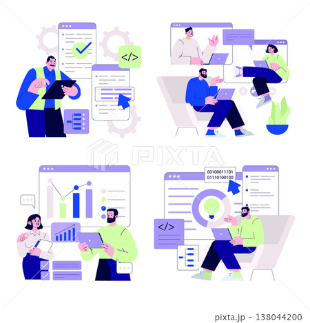 Vector illustration depicting teamwork in systems development. Professionals collaborate on data analysis with digital interfaces, showcasing coding, project management, and communication tools. 138044200