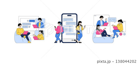 Vector illustration depicting people engaged in online messaging using laptops and smartphones. Characters are communicating through a social media interface, highlighting digital interaction. 138044202