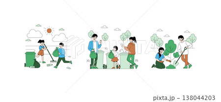 Vector illustration showing a group of people engaged in recycling and planting activities. The individuals are collecting trash, recycling, and planting trees, emphasizing eco-friendly practices. Vector illustration showing a group of people engaged in recycling and planting activities. The individuals are collecting trash, recycling, and planting trees, emphasizing eco-friendly practices. 138044203
