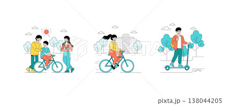Vector illustration depicting family outdoor activities with smiling faces. Includes a family biking, a woman cycling, and a person riding a scooter in a park setting. Vector illustration depicting family outdoor activities with smiling faces. Includes a family biking, a woman cycling, and a person riding a scooter in a park setting. 138044205
