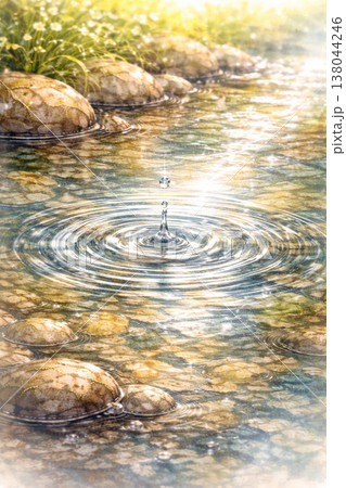 小川シリーズ：水面に広がる同心円の波紋背景 138044246