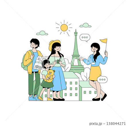 Family of tourists with a guide in Paris, illustrated with the Eiffel Tower in the background. A child holds a toy while adults hold a map and camera, capturing a joyful moment. 138044271