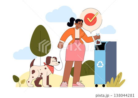 Woman picking up her dog's waste and disposing of it in a recycling trash bin during a walk in the park. The vector illustration promotes responsible pet ownership. 138044281