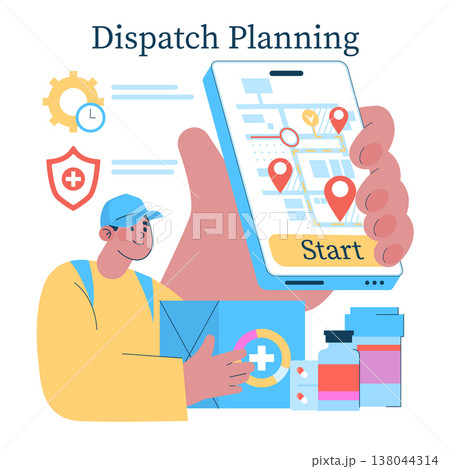 Vector illustration depicting dispatch planning on a smartphone screen. A delivery person smiles while holding a package, with medical and location icons highlighting delivery logistics. Vector illustration depicting dispatch planning on a smartphone screen. A delivery person smiles while holding a package, with medical and location icons highlighting delivery logistics. 138044314