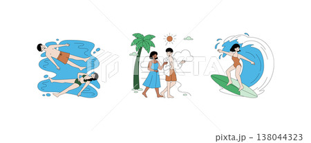 Vector illustration depicting beach activities including a couple relaxing in the water, walking near palm trees, and a woman surfing on a wave, capturing leisure and excitement. 138044323