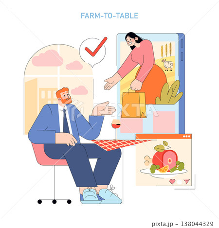 Vector illustration depicting a person engaged in an online farm-to-table dining experience. They interact with a digital farmer while seated at a table with a meal and wine. 138044329