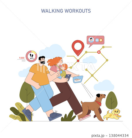 Vector illustration of a happy family enjoying a walking workout with a dog, using digital devices for fitness tracking and navigation. Displays motivational and active lifestyle elements. 138044334