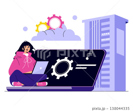 Woman sitting with a laptop, cloud computing elements and gears as a backdrop illustrate technology concepts. The vector illustration highlights digital innovation and connectivity. 138044335