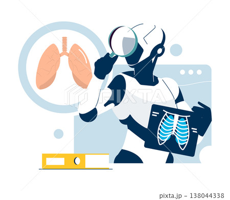 Vector illustration showing a robot using a magnifying glass to analyze lung health with an X-ray image. Depicts medical technology and AI in healthcare diagnostics. 138044338