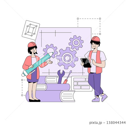 Vector illustration of two engineers discussing gear design. They are examining blueprints, holding tools and a digital tablet, showcasing teamwork and problem-solving in engineering. 138044344