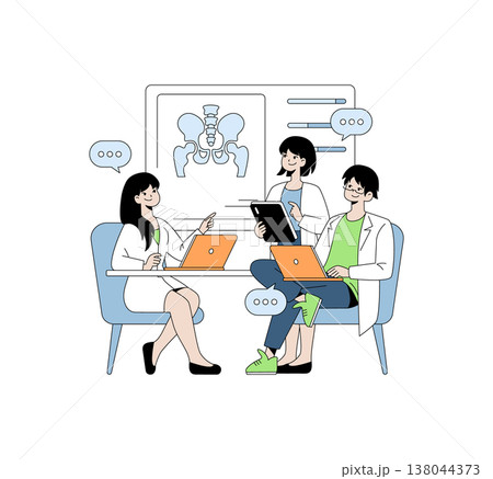 Medical professionals engaged in a collaborative discussion. The illustration shows a group of doctors analyzing and sharing information on a digital display, highlighting teamwork in healthcare. 138044373
