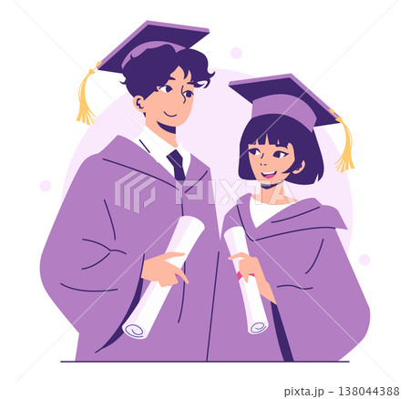 Vector illustration depicting two graduates in caps and gowns holding diplomas. They share joyful expressions, conveying a sense of achievement and pride during their graduation ceremony. Vector illustration depicting two graduates in caps and gowns holding diplomas. They share joyful expressions, conveying a sense of achievement and pride during their graduation ceremony. 138044388