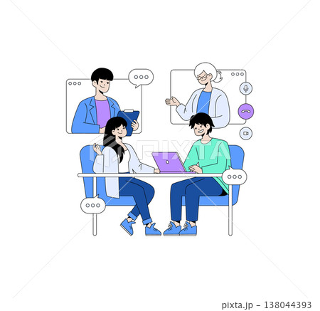 Vector illustration of animated team members collaborating in a virtual meeting setting. Two individuals engage in discussion at a table with two more colleagues joining virtually. Vector illustration of animated team members collaborating in a virtual meeting setting. Two individuals engage in discussion at a table with two more colleagues joining virtually. 138044393