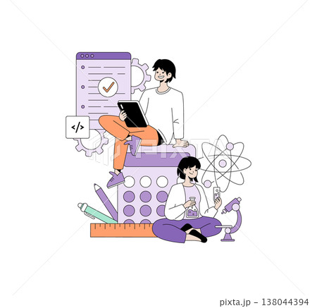 Vector illustration of two students exploring science and technology. One holds a tablet while the other examines a test tube and beaker, surrounded by educational symbols. 138044394