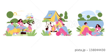 Vector illustration set showing families enjoying camping activities. Scenes include picnicking by a car, gathering around a campfire, and relaxing by a lake, highlighting joyful outdoor moments. Vector illustration set showing families enjoying camping activities. Scenes include picnicking by a car, gathering around a campfire, and relaxing by a lake, highlighting joyful outdoor moments. 138044430