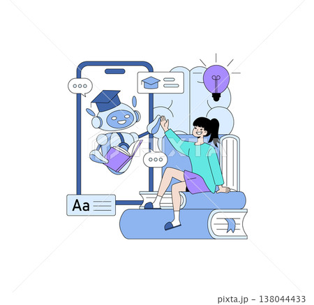 A young woman enthusiastically interacts with a friendly AI robot displayed on her smartphone screen. The robot wears a graduation cap, symbolizing learning and technology in this engaging vector 138044433