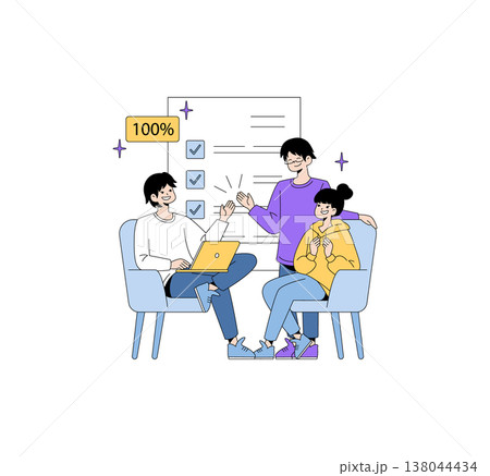 Vector illustration of a group celebrating successful teamwork. Three individuals are happily interacting, with a checklist behind them showing completion. Emphasizes collaboration and achievement. 138044434