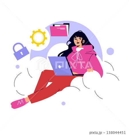 Vector illustration of a woman sitting on a cloud with a laptop, representing cloud computing and data security. The image includes symbols like locks and gears to emphasize technology. 138044451