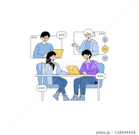 Vector illustration depicting a virtual team meeting with participants actively discussing and collaborating via video call. Emphasizes modern communication and teamwork dynamics. 138044458