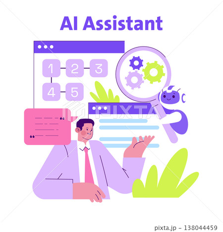 AI assistant vector illustration showing interaction between a human and AI. Depicts a person gesturing toward digital elements with gears and icons, symbolizing technology collaboration. AI assistant vector illustration showing interaction between a human and AI. Depicts a person gesturing toward digital elements with gears and icons, symbolizing technology collaboration. 138044459