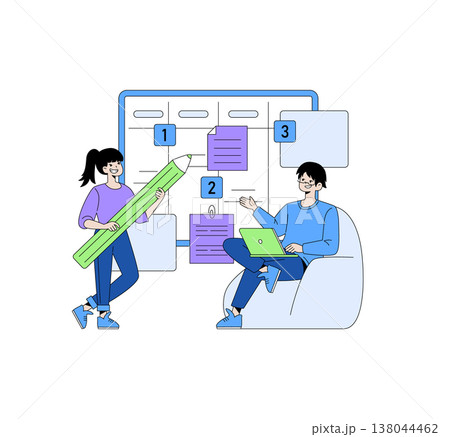 Two people engaged in collaborative planning. One is holding a pencil, another using a laptop, with a note board in the background. Vector illustration ideal for teamwork concepts. 138044462