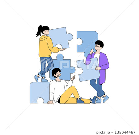 Group of three people happily assembling large puzzle pieces. The illustration shows teamwork, cooperation, and problem-solving as they work together to fit the pieces perfectly in place. 138044467