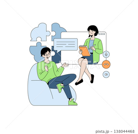 Vector illustration depicting two individuals engaged in a virtual meeting. One person is taking notes while the other speaks, set against a background with digital communication icons. Vector illustration depicting two individuals engaged in a virtual meeting. One person is taking notes while the other speaks, set against a background with digital communication icons. 138044468